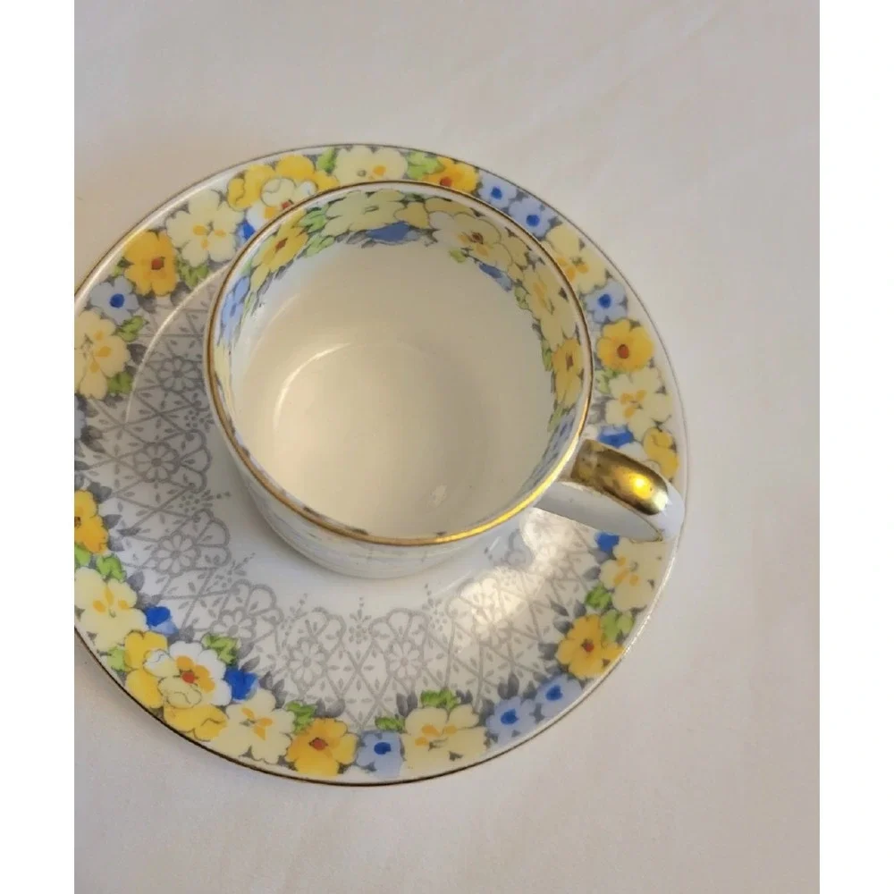 Vintage Crown‎ Staffordshire Demitasse Set Yellow Blue Flowers